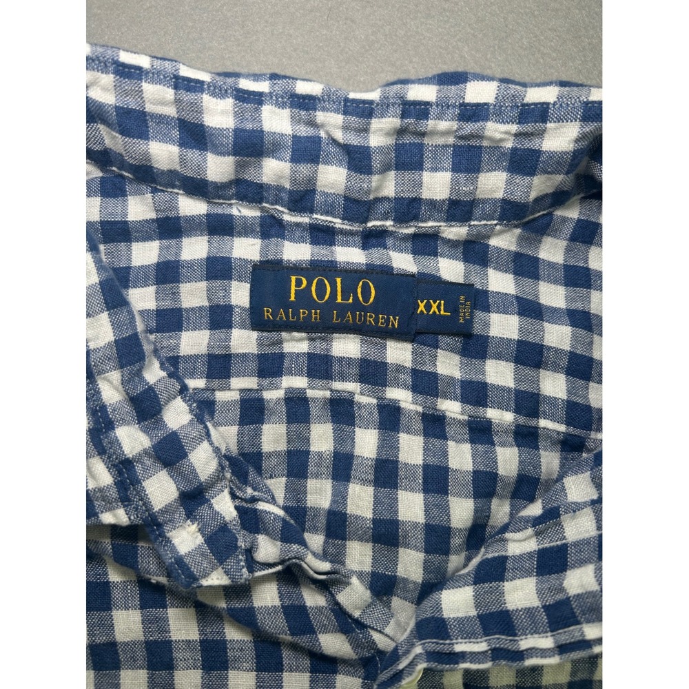 Polo Ralph Lauren Button Down Mens XXL Blue Gingham 100% Linen Long Sleeve Shirt - Picture 3 of 7